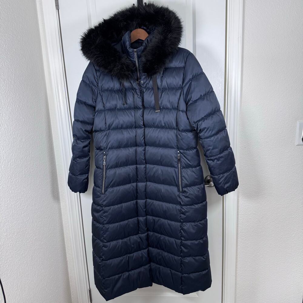 Tahari Maxi Puffer Coat Removable Faux Fur Hood Stand Collar Bib Women’s XL Blue